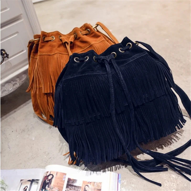 Fashion Retro Faux Suede Fringe Women Messenger Bags Tote Handbag Tassel Shoulder Handbags Crossbody Bag Tassel Bucket 251106