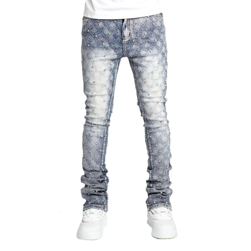 Stretchy Pearls Skinny Jeans For Men 2024 New Fashion Rhie European Street Personality Stacked Denim Pants