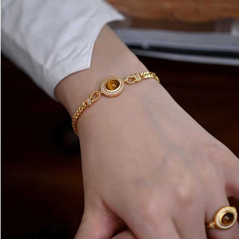 French Palace Style Tiger Eye Stone Bracelet Premium Luxury 18k Gold Plated Cuban Chain Women Zircon Bracelet Party Jewelry GiftT251110