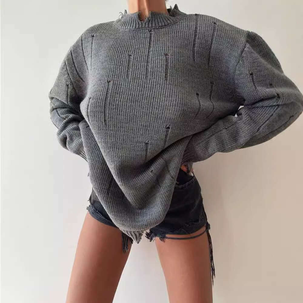 2024 European and American early autumn new loose fitting pullover top women's hand worn round neck sweater