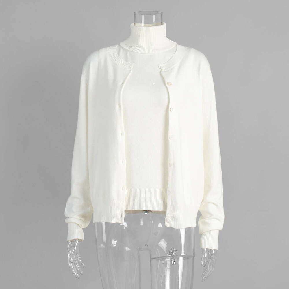 Cross-Border Knitted European and American Style Early Autumn High Neck Sleeveless Base Shirt + Sweater Cardigan Set for Women