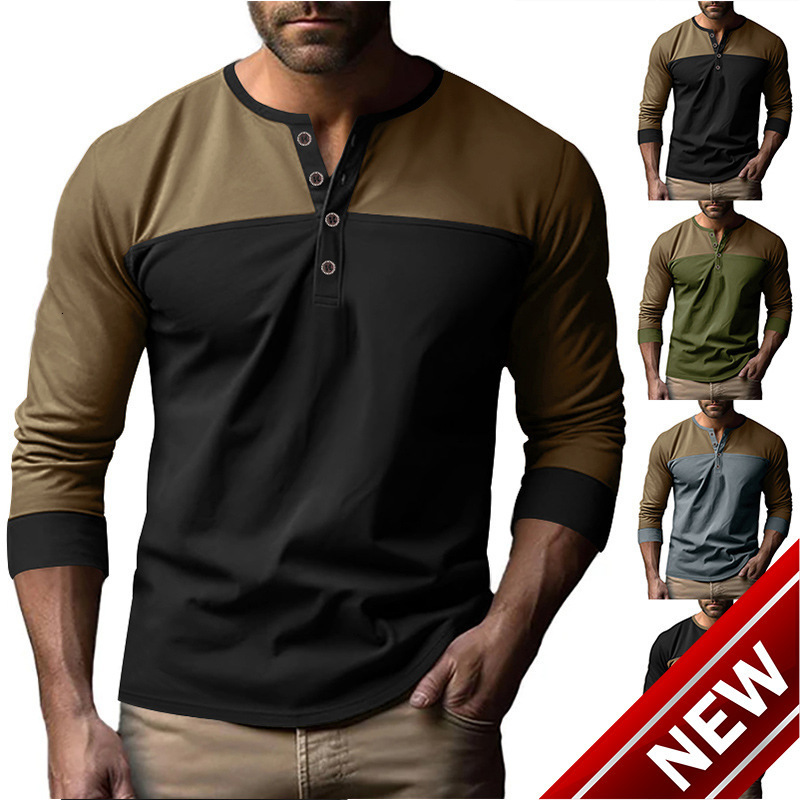 2025 autumn new American long sleeved color blocked Henry collar base shirt casual T-shirt for men