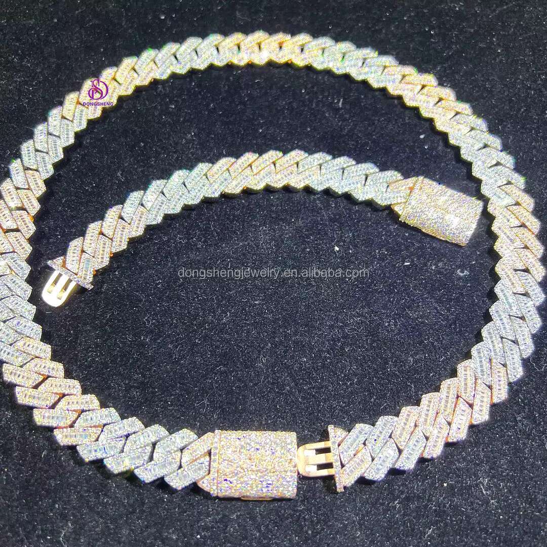 High quality ice out hip-hop jewelry electroplated gold and sier 15mm 18mm VVS Moissanite Cuban chain necklace