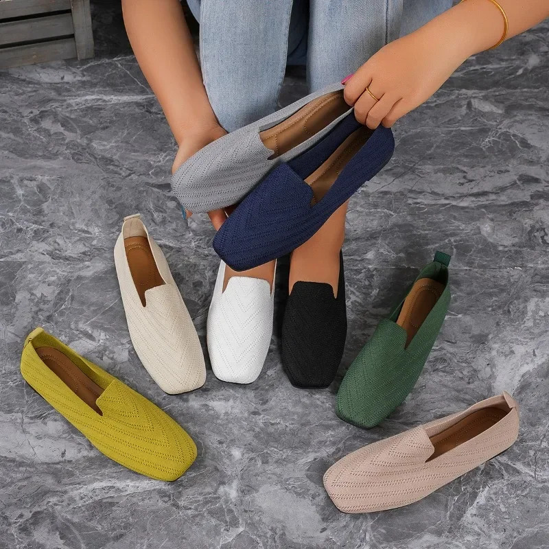 2024 Solid Color Square Toe Mesh Loafers Shallow Women Flats Shoes Soft Bottom Knit Ballet Flats Shoes Casual Slip on Shoes 250402