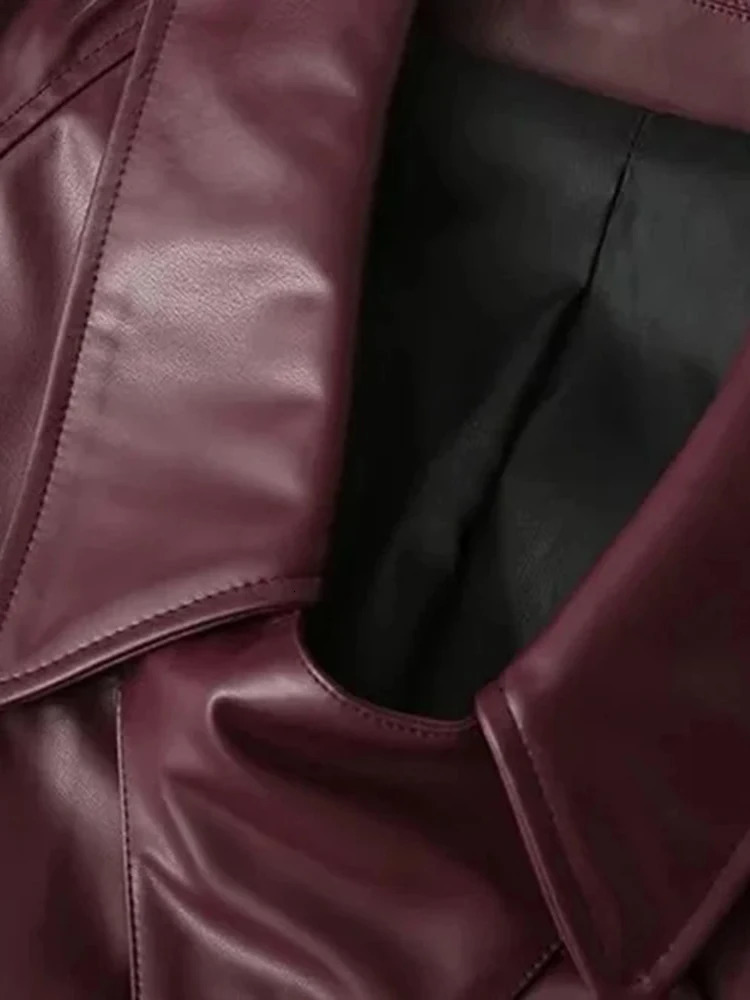 Womens Fashion Lapel Long Sleeve Short Leather Jacket Cool Slim Chery Red Short Jacket Motorcycle Street Party Jacket 251103