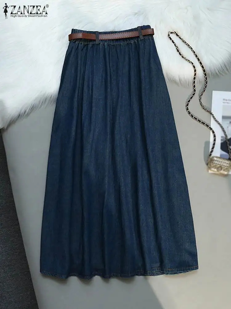 ZANZEA Womens Retro Cowboy Skirt Korean Fashion Elastic Waist Overskirts Autumn Fold Maxi Jupe Casual Loose Solid Faldas 250410
