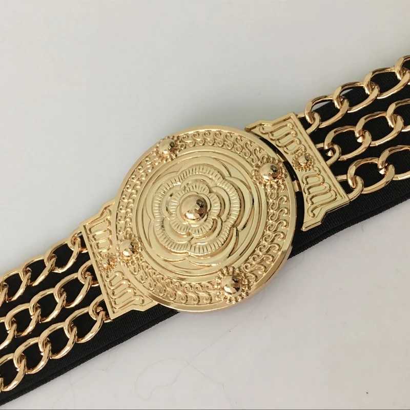 Womens floral elastic gold chain strap Fem waist gold metal flower design strap Womens dress elastic Cummerbundles X250410
