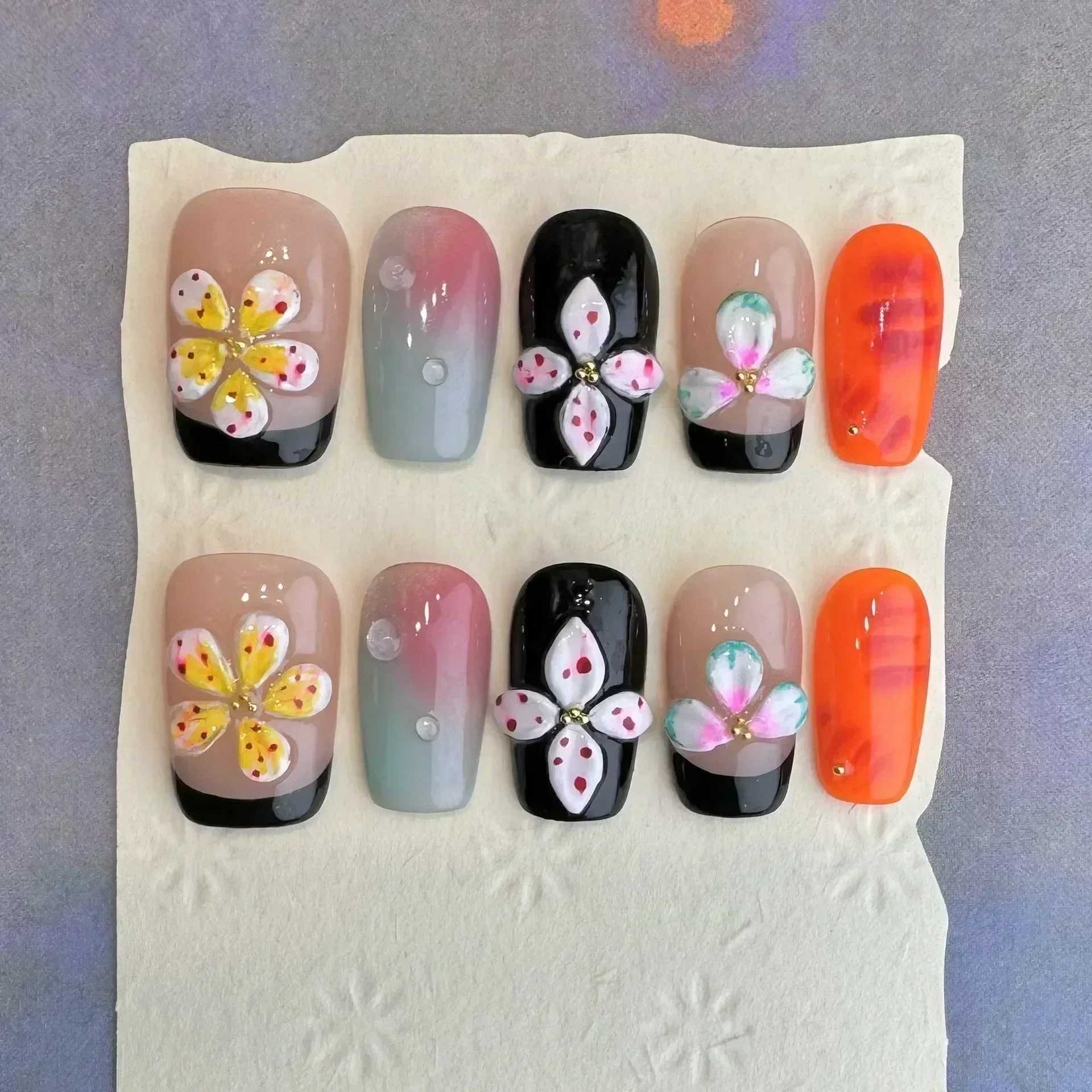 0pcs long ballet dancer hand pressed nails pink black fake nails wearable nail sticks full set of fake nails U as Postizas W250410