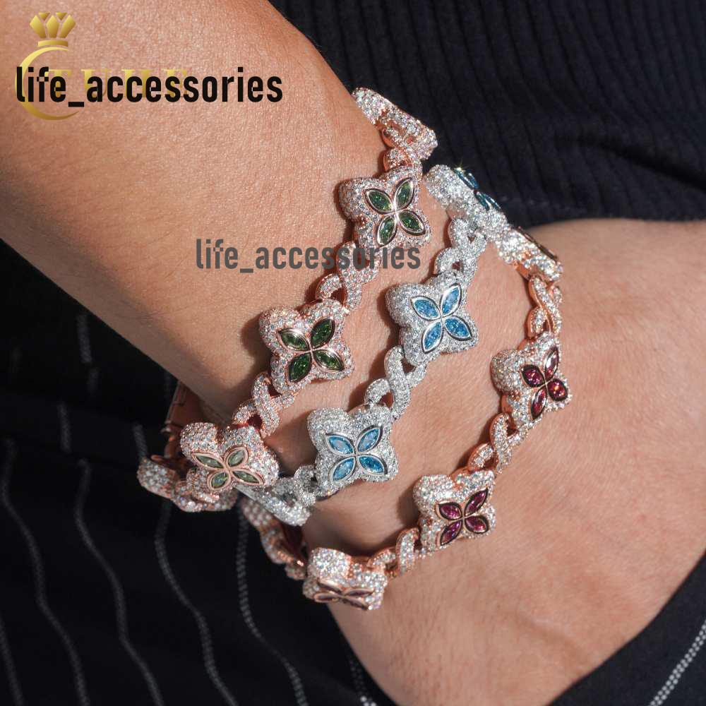 Fashion Hip Hop Jewelry 20mm Rose Gold 925 Sterling Silver Colored Moissanite Diamond Four Leaf Clover Infinity Link Bracelet