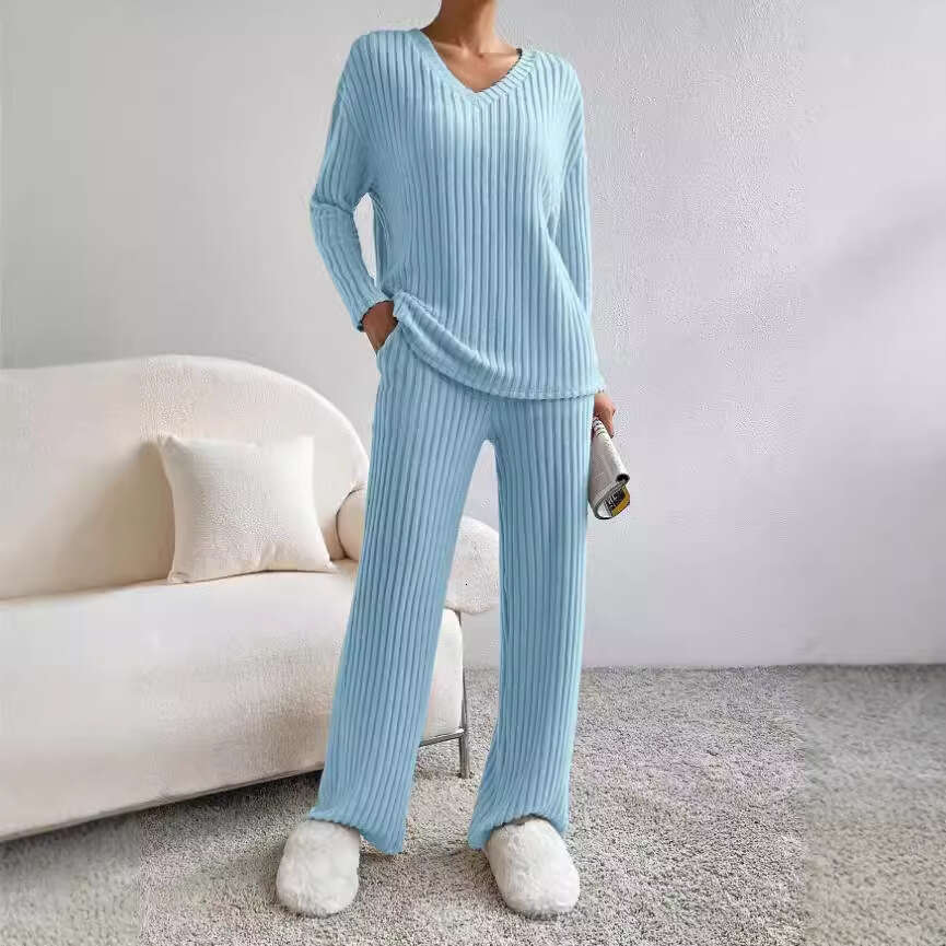 Cross-Border Two-Piece for Women 2023 Autumn New Fashion Casual Straight-Leg Pants Elegant Loose V-Neck Ribbed Knit Set