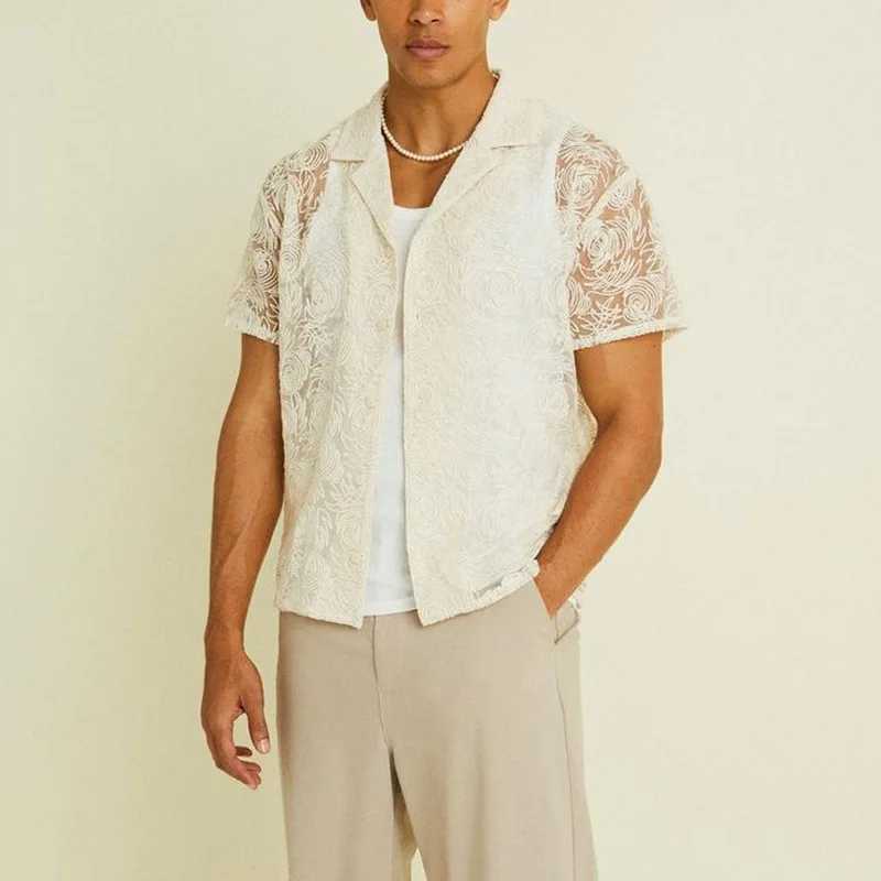 Casual dress hollow lace mens shirt mens summer casual fashion trend mens top X250410