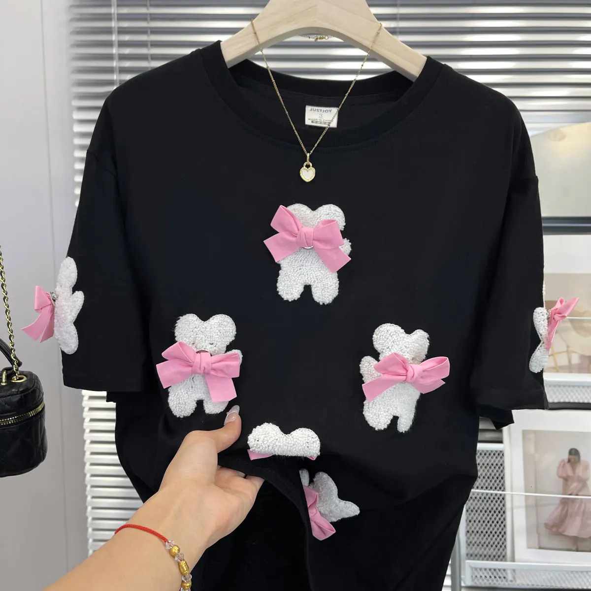 Little Bear Embroidery Y2k 3D Bow Womens Plus Size T-shirt Korean Sweet Kawaii Cute Tee Summer Fashion Harajuku Top 250409