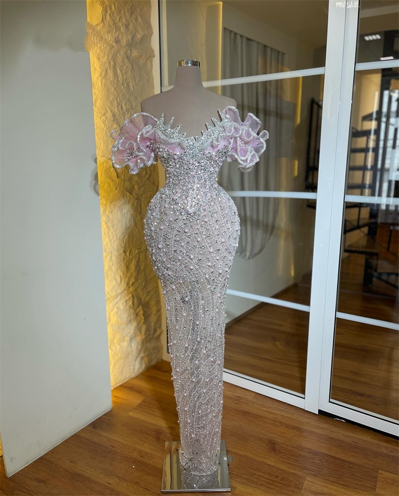 Charming Blush Pink Ruffle Pearl Evening Dress Beads Off Shoulder Flowers Formal Prom Gowns Customized Cocktail robes