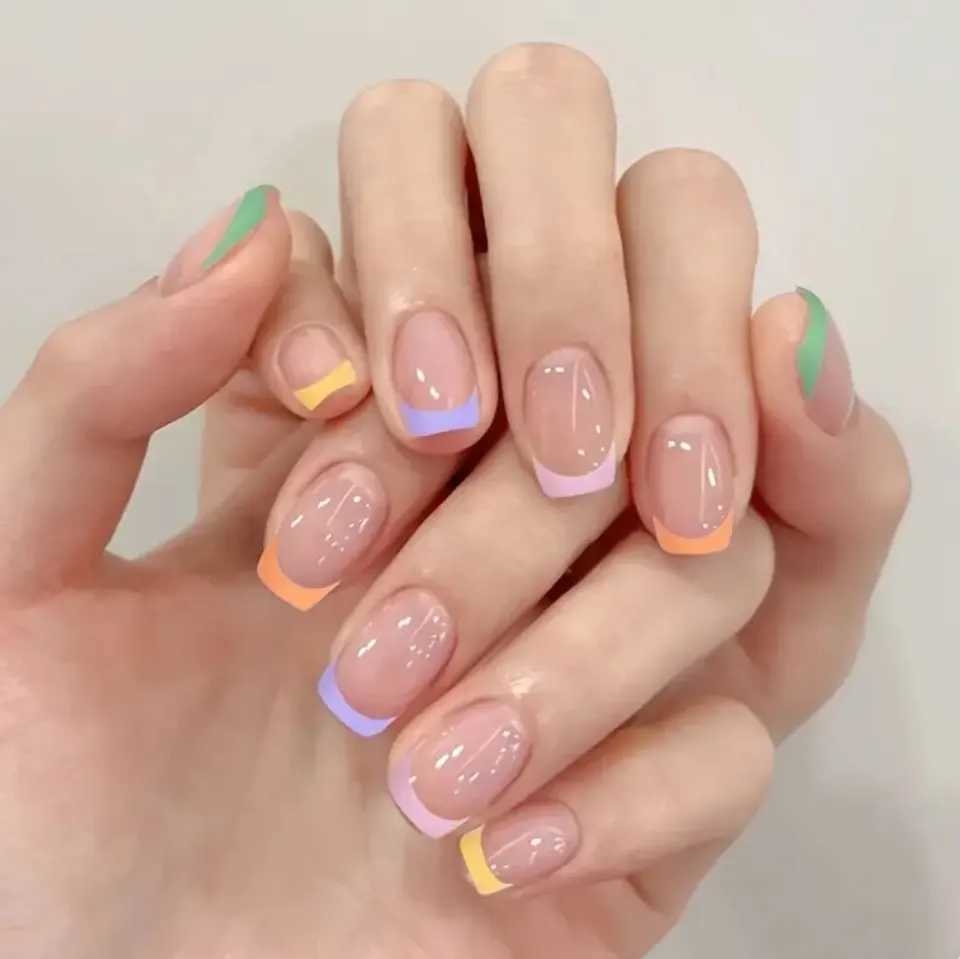 Square pressed nails short fake nails French pointed colored adhesive nails 24 smooth acrylic nails suitable for women and women W250410