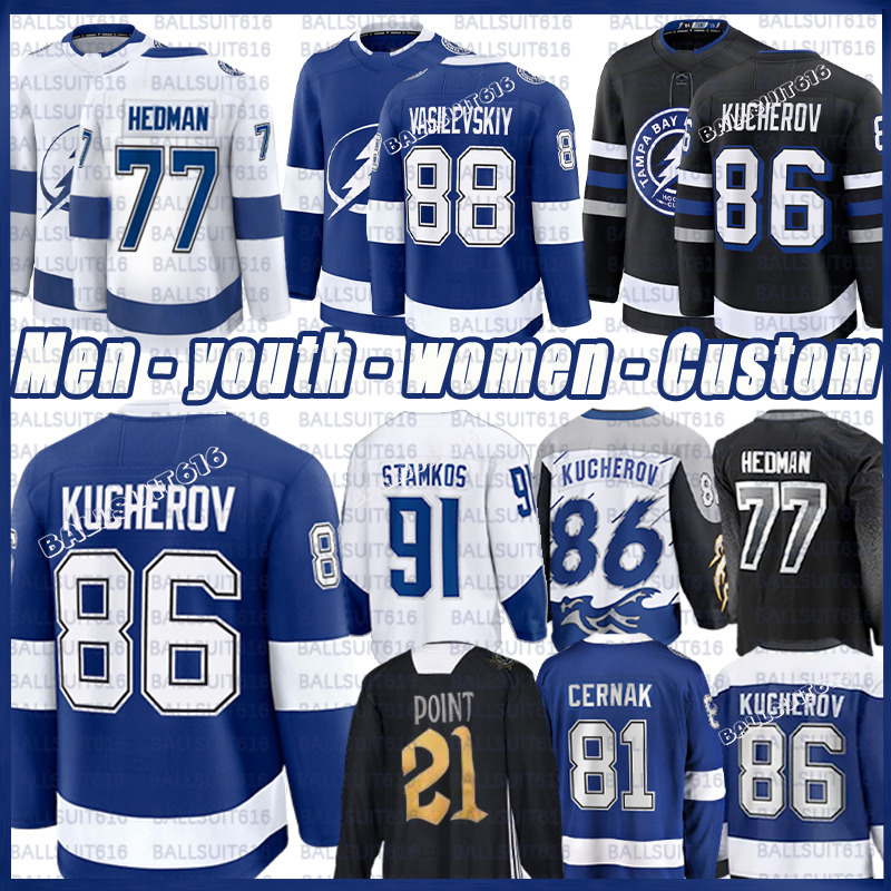 86 Nikita Kucherov Jersey Andrei Vasilevskiy Lightning Jersey Brayden Point Erik Cernak Brandon Hagel Steven Stamkos Emil Lilleberg Tampa Bay Hockey Jerseys