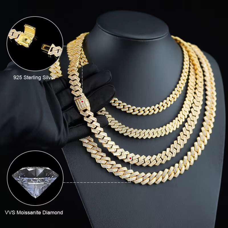 18k Gold Necklace 9mm-13mm 925 Sterling Silver Iced Out Iced Out Cuban Bagutte Vvs Moissanite Diamond Silver Cuban Link Chain