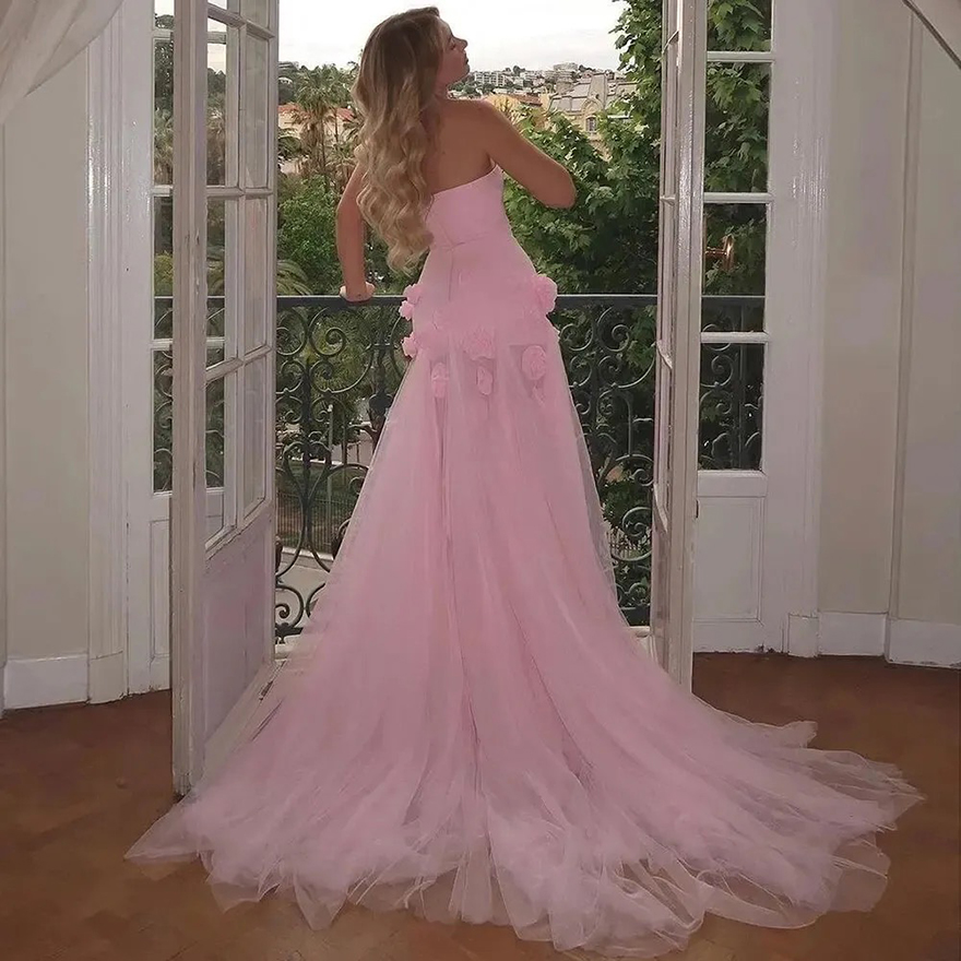 Hand Made Flowers Pink Evening Dresses Side Slit Sexy Sleeveless Long Mermaid Prom Dress Sweetheart Neck Chic Engagement Dress For Women 2025