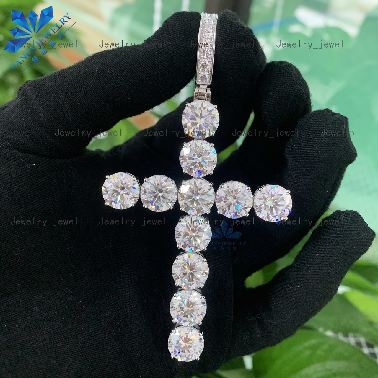 Fashion Style 10mm 925 Solid Silver White Gold Plated Iced Out Hip Hop VVS1 Moissanite Diamond Cross Pendant Chain