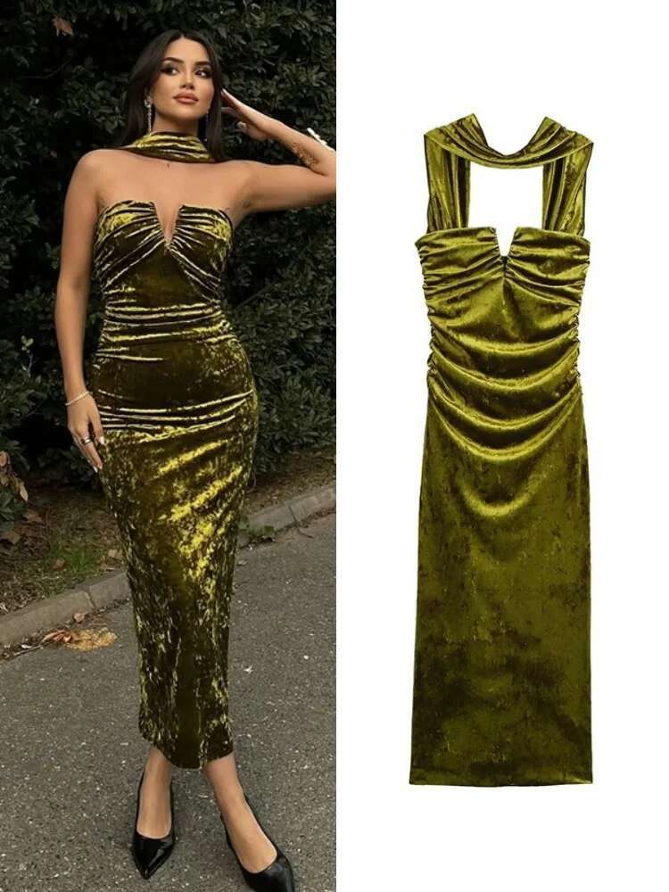 Fashion Elegant Veet Women's Sexy Tight Halter Sleeveless Long Dresses Women Retro Solid Color Slim Fit Party Dress