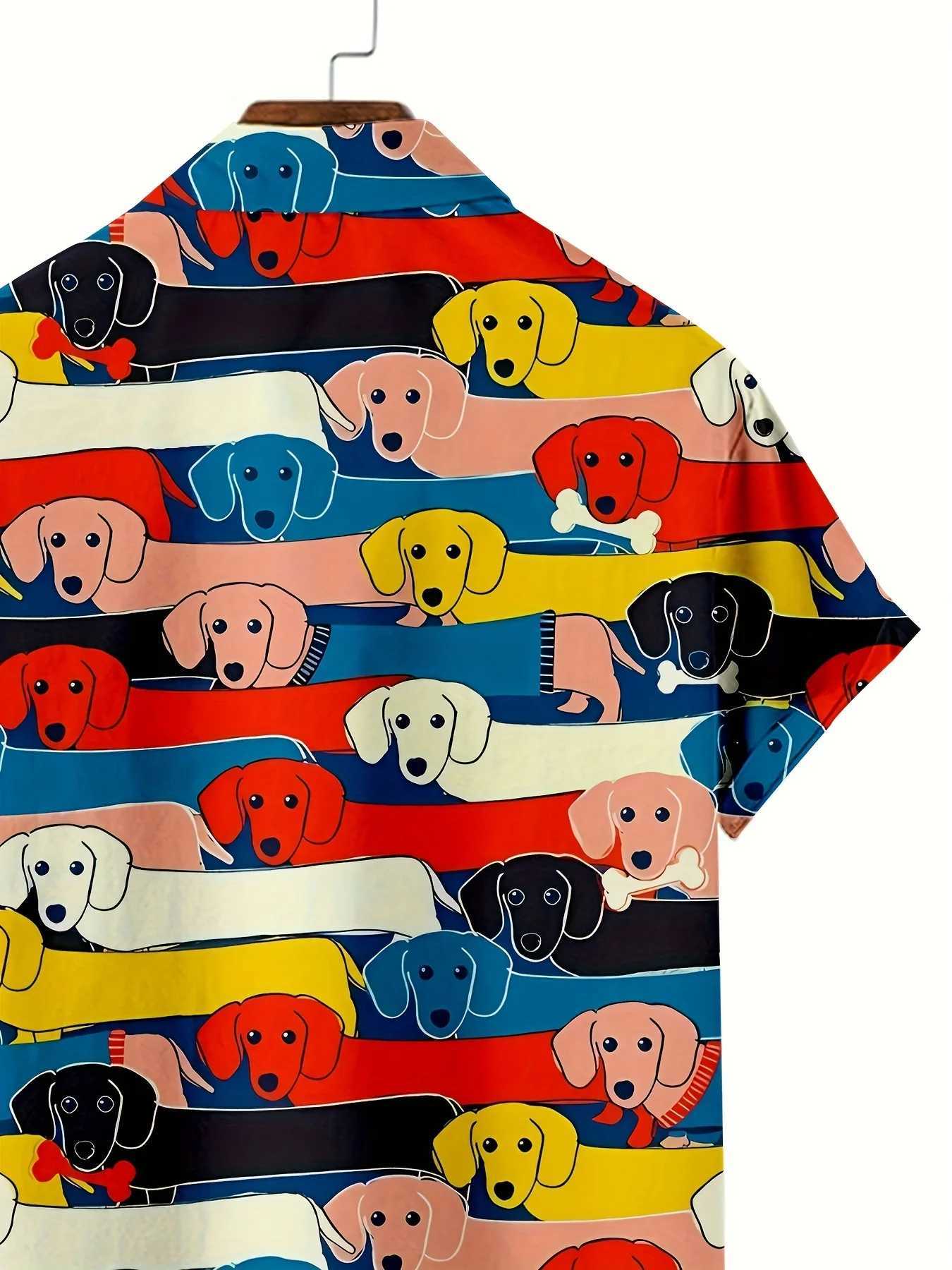 Cartoon dog pattern mens short sleeved 3D printed lapel summer vacation Hawaii handmade personalized shirt X250410