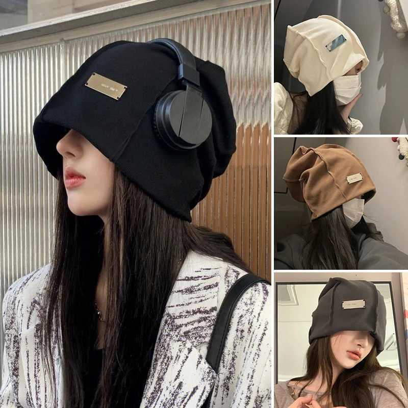 Spring Autumn Women Pullover Cap Fashion Metal Label Baggy Slouchy Beanie Solid Color Skullcap Korean Girl Windproof Warm BonnetXJ251110