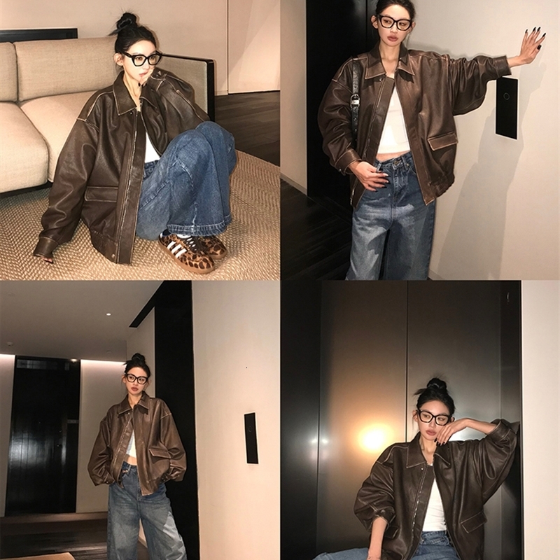 Lautaro Spring Autumn Cool Handsome Retro Oversized Distressed Brown Soft Faux Leather Jackets for Women Zipper Runway Fashion 251105