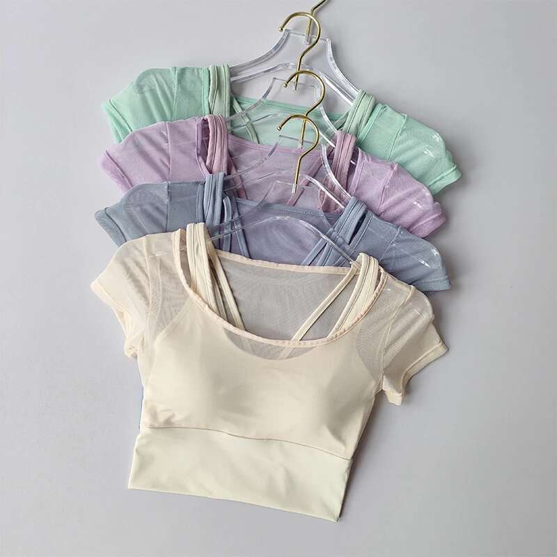Women's Pilates Training Fiess Chest Cushion Yoga Suit Top Quick Drying High-End Feeg Sports Short Sleeved Breathable