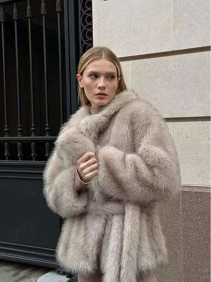 Fashion Collar Fox Faux Winter TurnDown Plush Overcoat Loose EcoFriendly Fur Coat