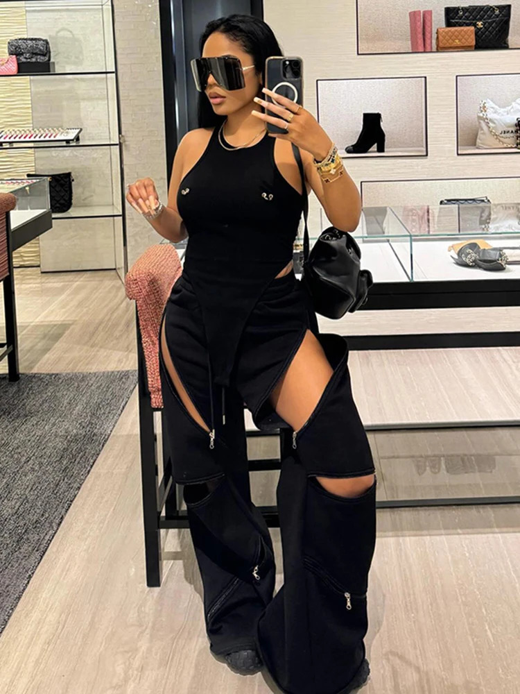 Weird Puss Zip Patchwork Pants Women Casual Sporty Solid Chic Devise Irregular Spring Fashion Basic Hipster Wide-Leg Trousers 250409