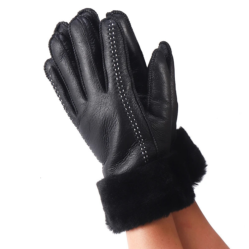 Genuine Sheepskin Leather Gloves For Women Winter Warm Thick Wool Lined Driving Motorcycle Gloves 251106