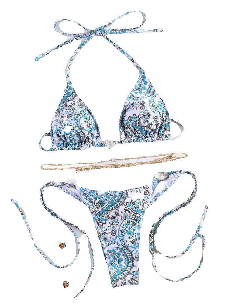 Sexy triangular chain set, mini flip flops women's bikini, beach bandage printed swimsuit, thong bikini