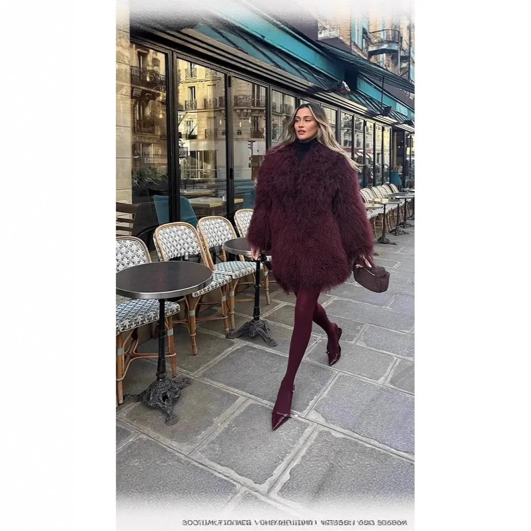 Vinatge Burgundy Women Winter Eco Fur Coat Suit Collar Overzied Female Faux Jacket Loose Fluffy Artificial For Lady 251110
