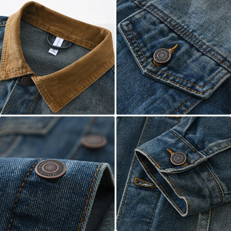 Mens patchwork denim jacket vintage American casual workwear youth hardship old wash denim jacket top 250410