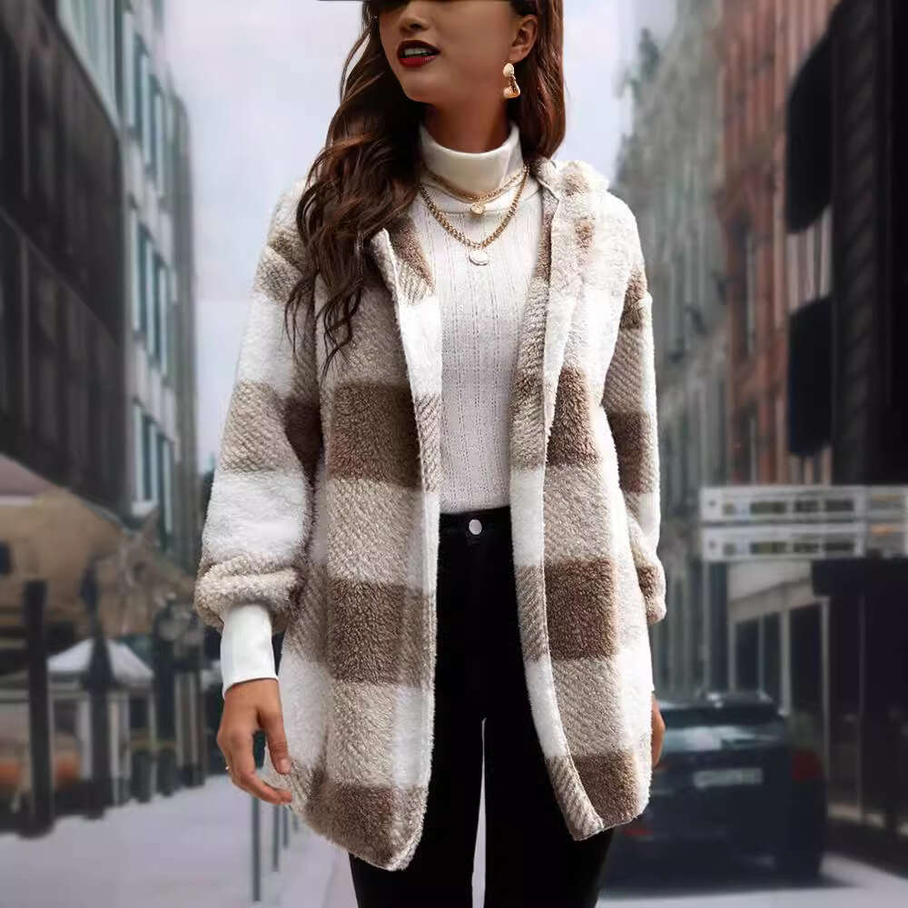 2025 Amazon Cross-Border New European and American Loose Plaid Color Block Knitted Cardigan Fashion Foreign Trade Sweater for Women