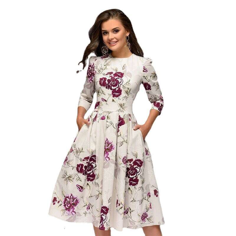 2022wish European and American Autumn Winter Women's A-line Party Retro Small Floral Three-quarter Sleeve Round Neck Dress