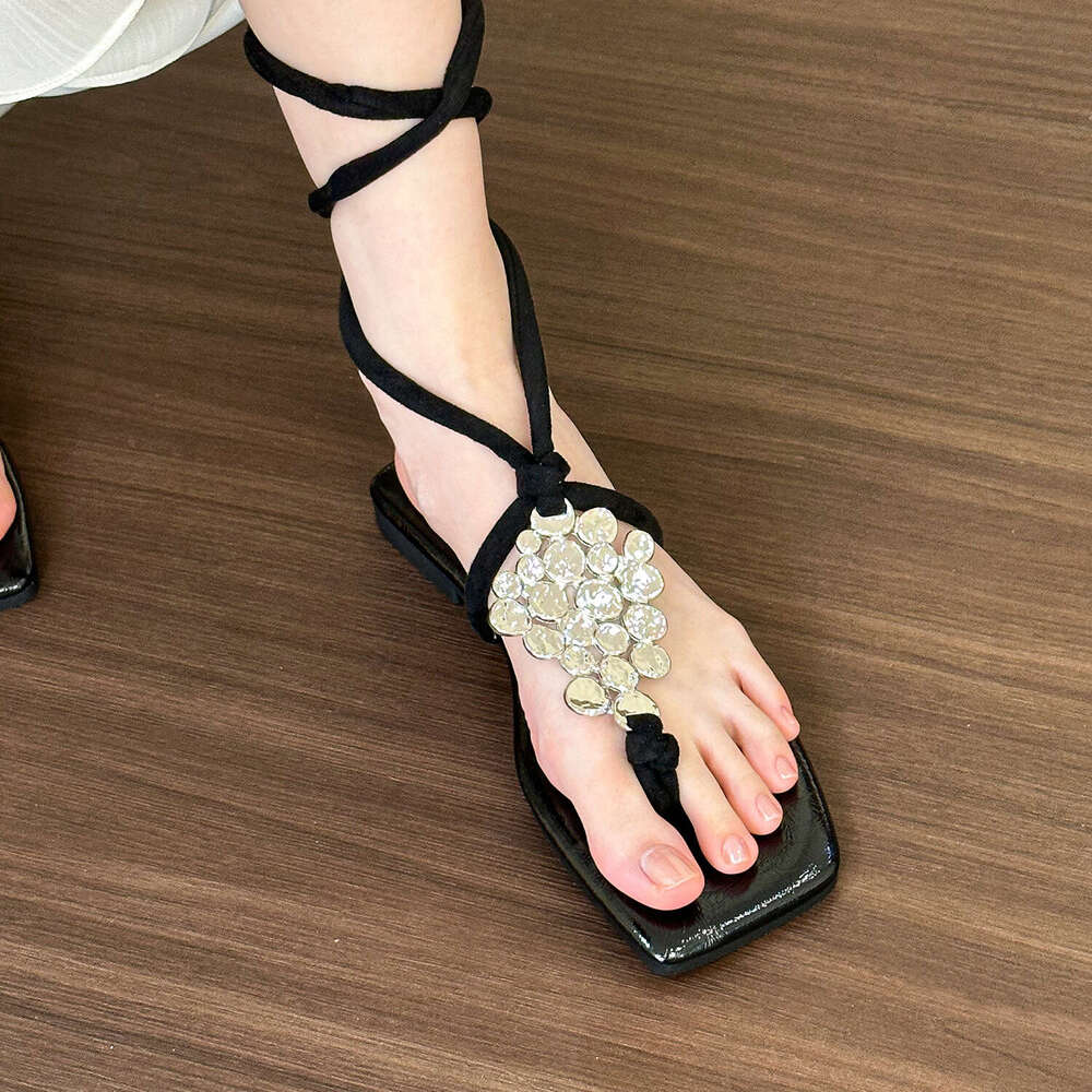 Woman Sandals Summer Square Toe Sandals Metal Low Heel Flat Roman Sandals With Fairy Style Cross Straps Beautiful Women S Shoes