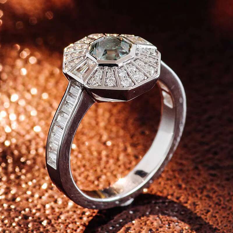 Custom Asscher Cut Green Molissanite Ring DEF VVS Round Moissanite Engagement Ring Fine Jewelry Gemstone 14k Gold Ring