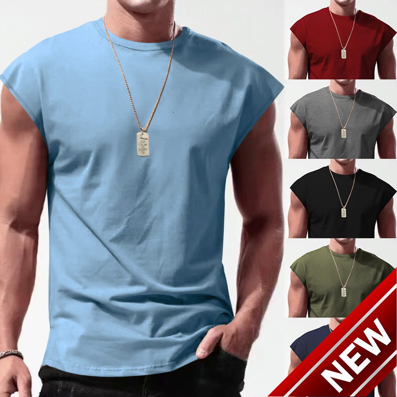 Mens 2024 Summer New Sleeveless Tank Top Youth Casual Loose Solid Color Shoulder T-shirt