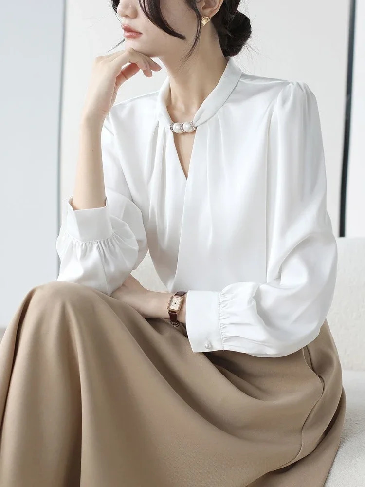Womens Elegant Shirt Satin White Stand up Collar Beaded Shirt Pullover Korean Fashion Tempering Office Womens Shirt 250409