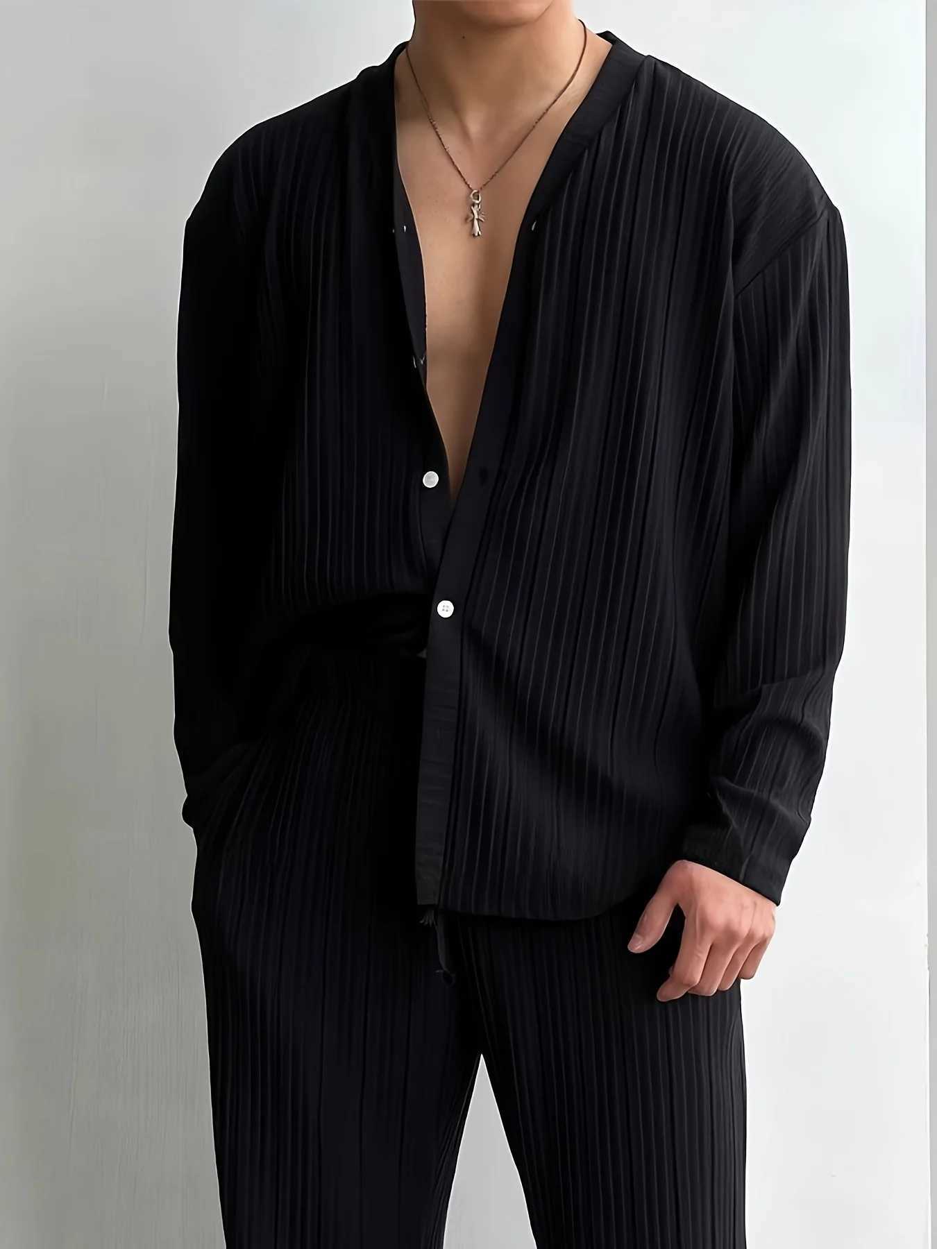 New mens commuter two-piece set casual button-down shirt long sleeve pants cool mens summer suit - the best choice for casual W251110