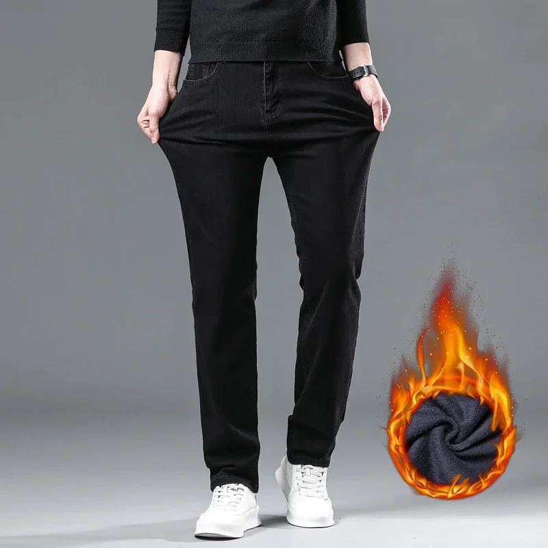 Winter mens black straight stretch denim thick velvet pants warm jeans casual wool thread plus size 250407