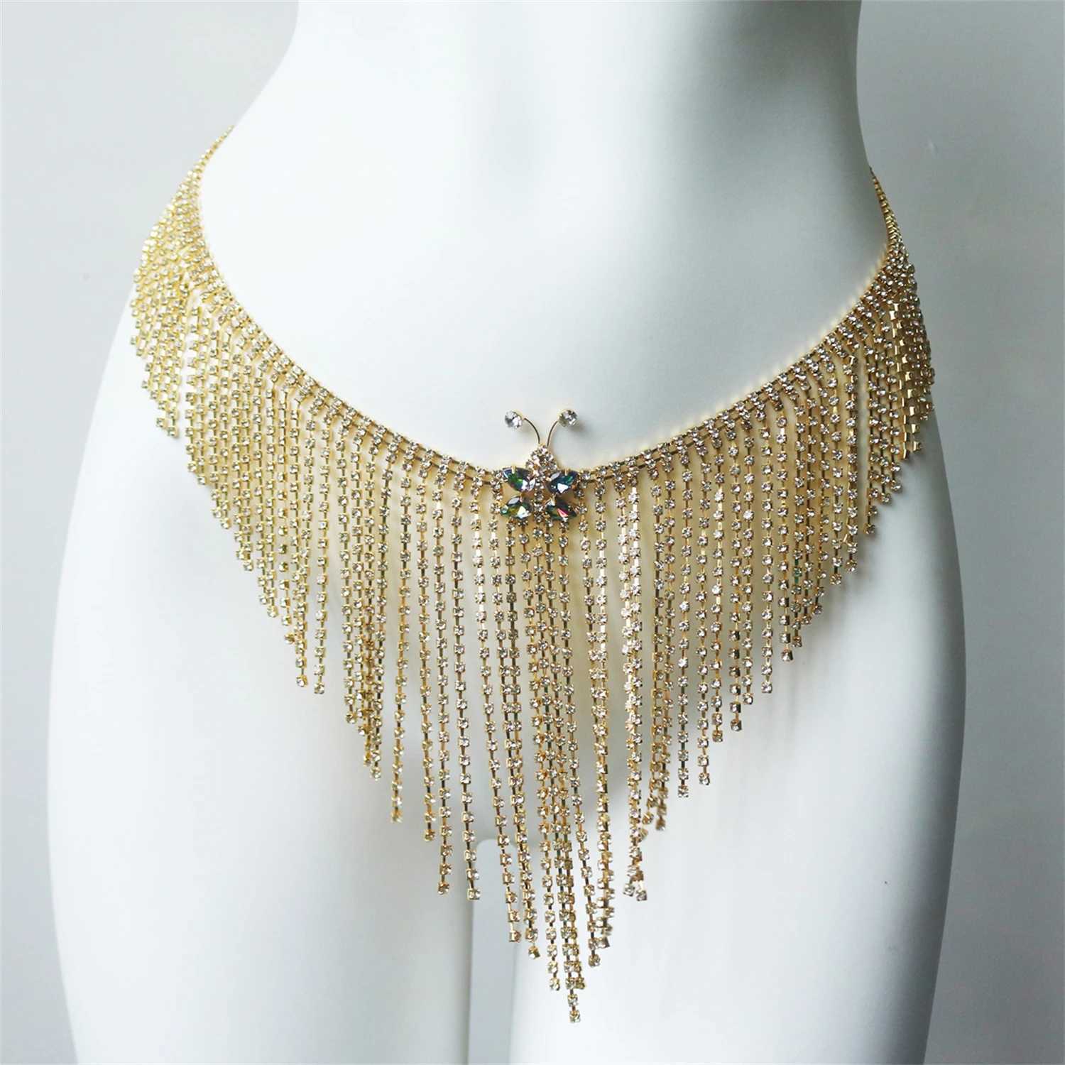 Personalized sparkling tassel crystal short waist chain jewelry fashion nightclub party bikini waist chain version accessories X250410