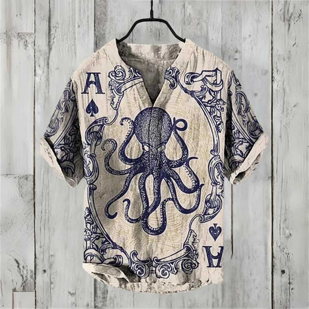Summer mens short sleeved shirt linen printed shirt European and American popular elements octopus printed shirt X250410