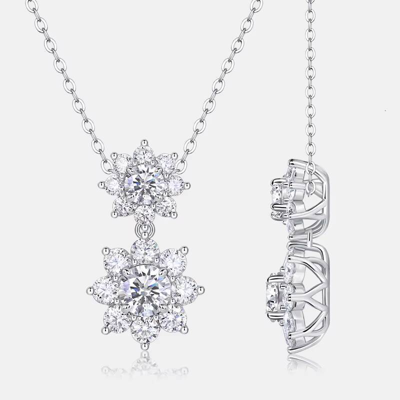 New Model Elegant Double Flower S925 Sterling Silver Women Wedding Pendant Necklace Round Cut White Moissanite Necklace