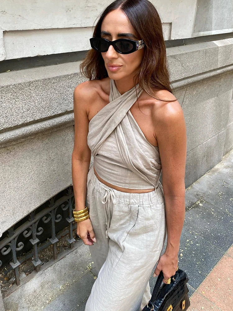 Soft Women Linen Pants Set Summer Fashion Ladies Elegant Loose Boho Two Piece Set Streetwear Female Chic Outfits Sexy 250408