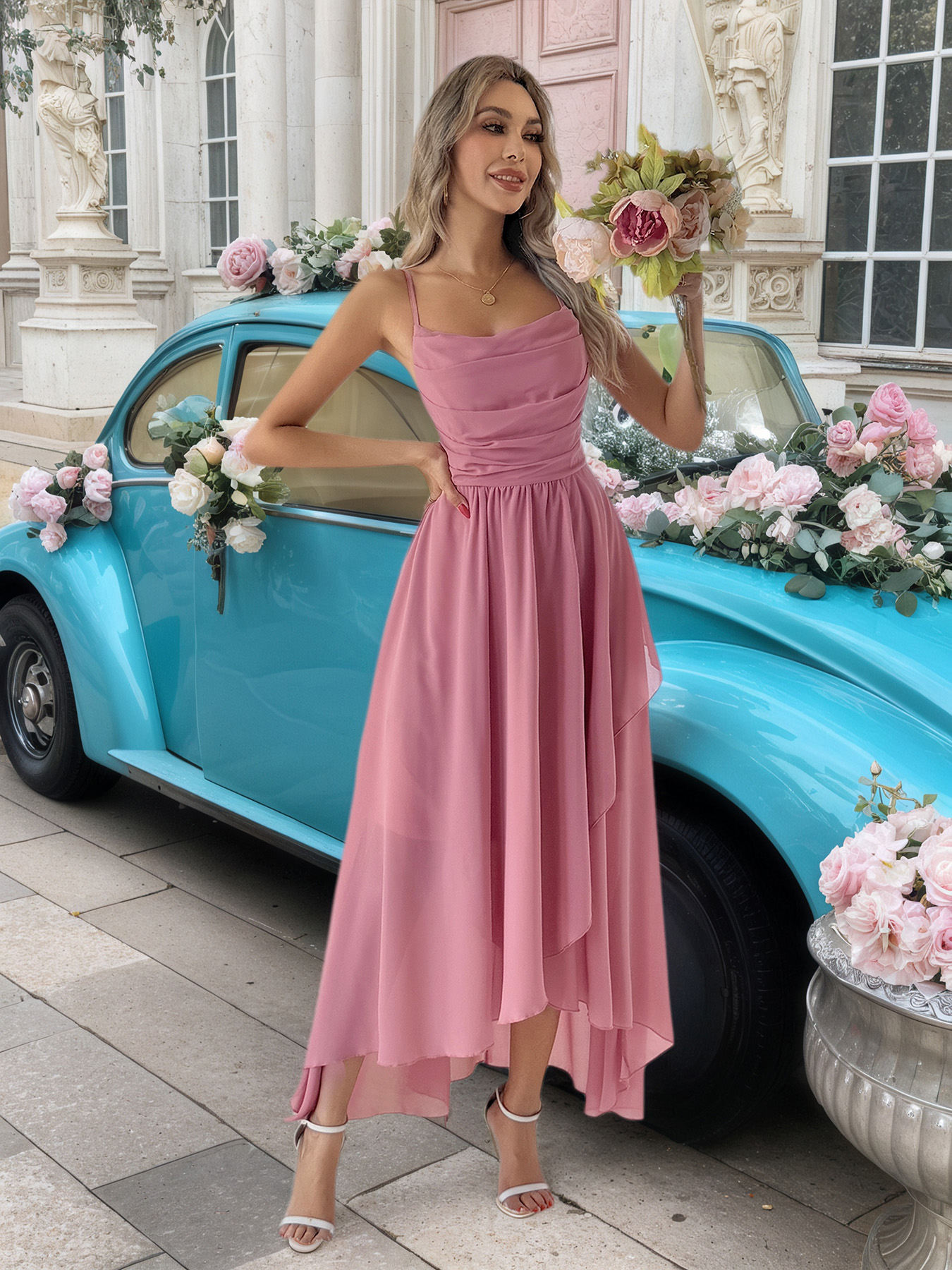 Women's Elegant Party Chiffon Dress, Spaghetti Strap Off-Shoulder Asymmetric Hem Maxi Dress, Available in Pink/Wine Red/Green/Purple---D245