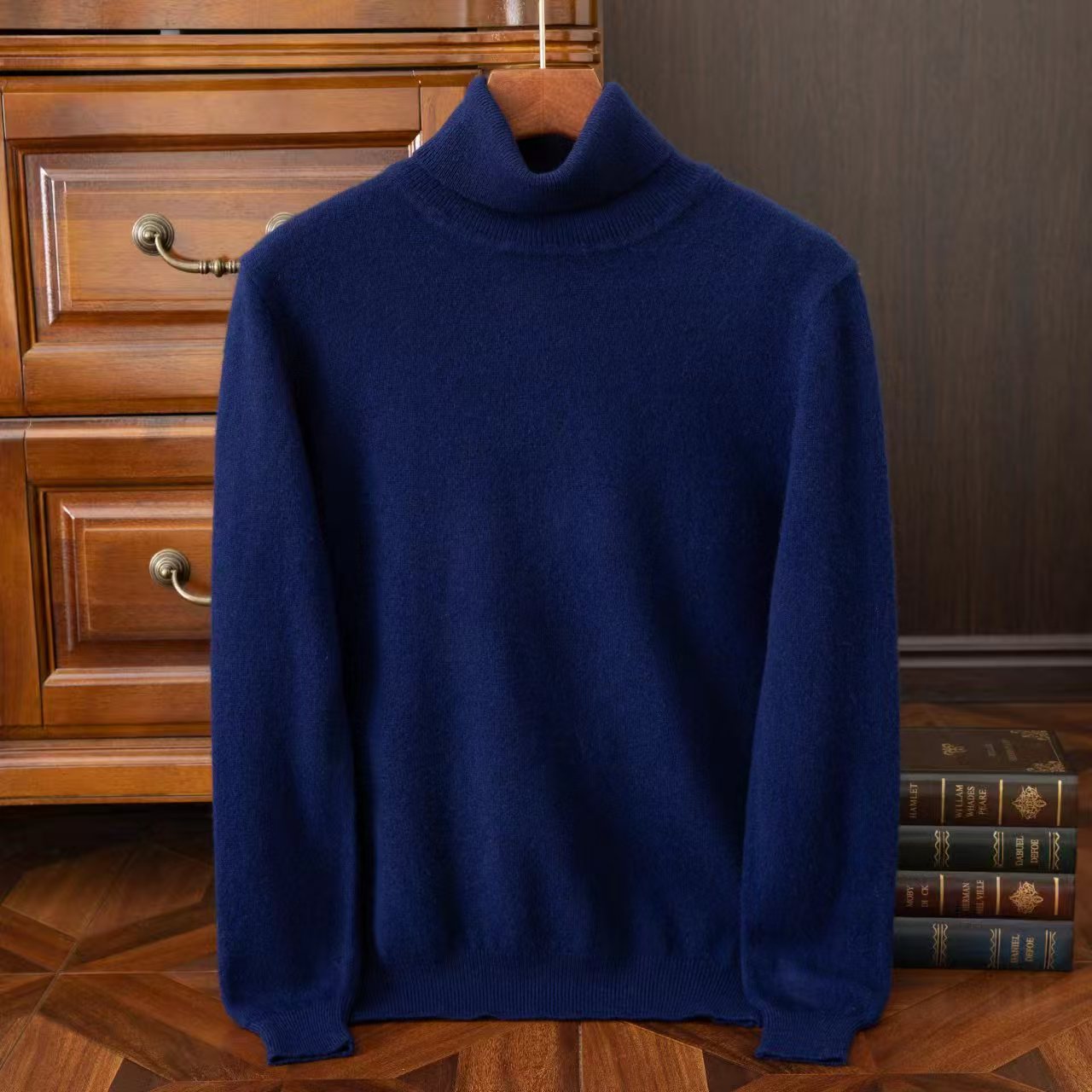 Spring and Autumn men's 100% pure wool sweater knitted sweater pullover round neck high neck solid color versatile solid color sweater