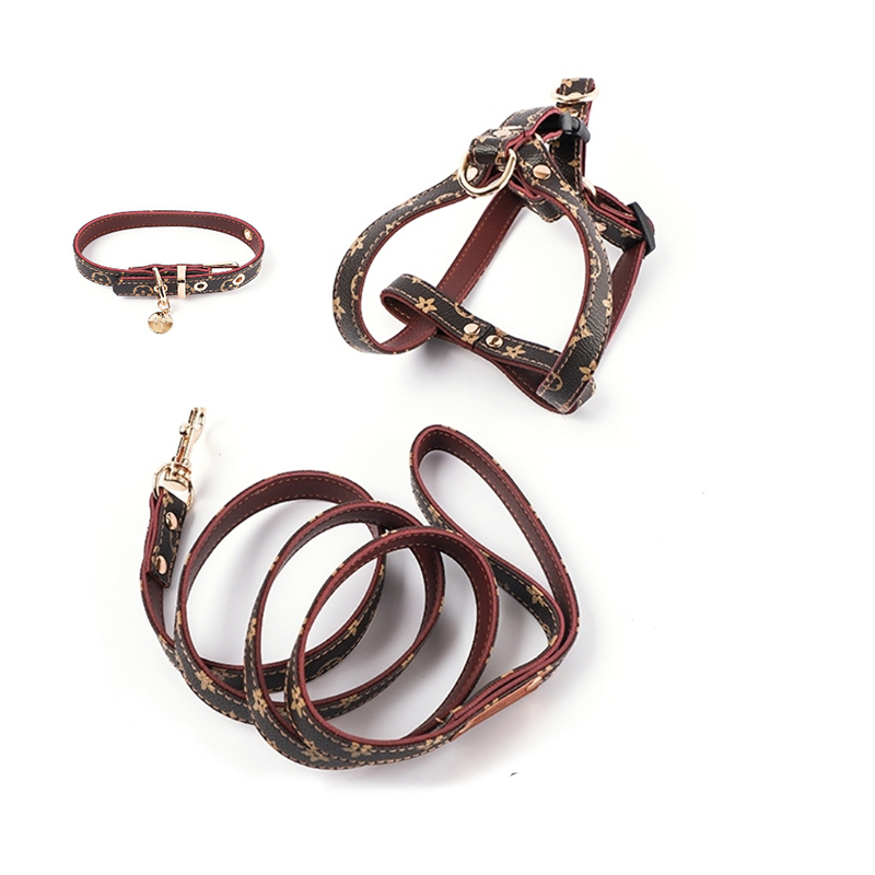 Designer Dog Collars Harness and Leashes Set Soft Adjustable Printed Leather Classic Pet Collar Leash Sets for Small Dogs Chihuahua Poodle Outdoor Dur