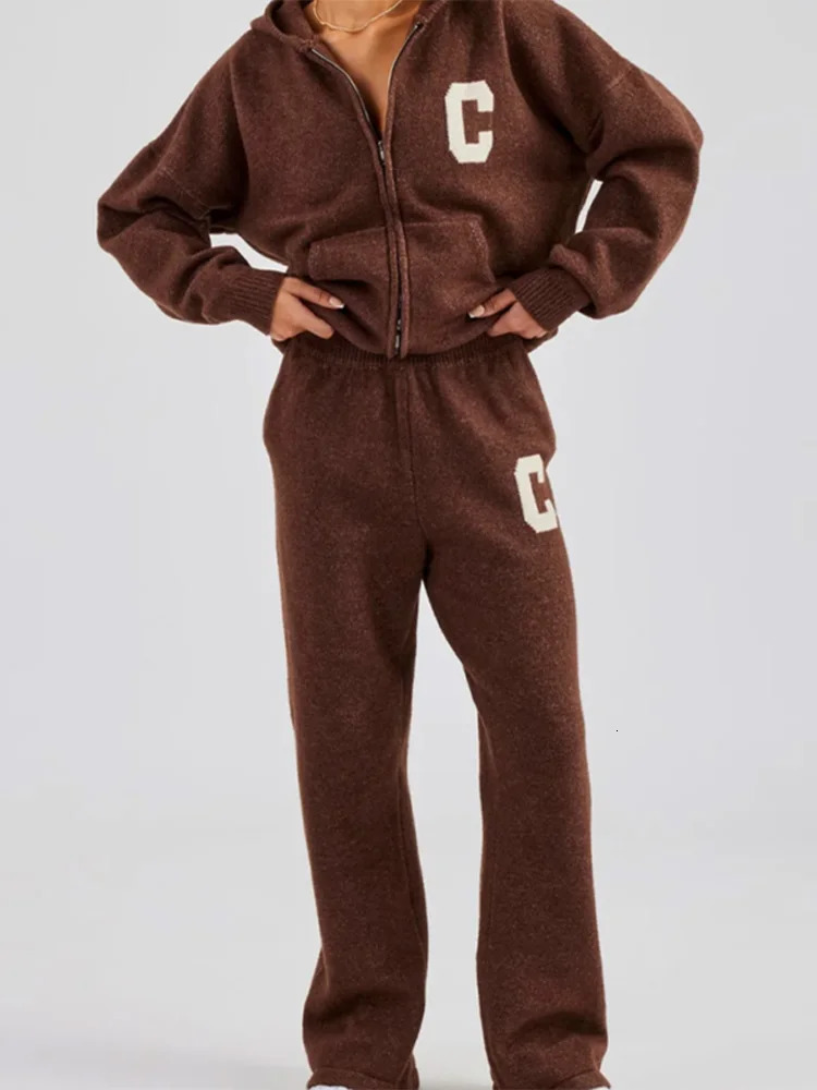 Knitted Womens Pant Sets Hooded Long Sleeve Dropped Shoulder Zipper Female Jacket Solid Elastic Waist Straight Pants For Ladies 251110