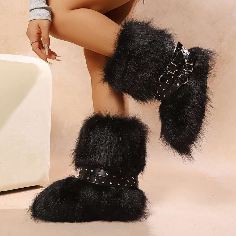 Women's Faux Fur Winter Warm Boots - Cross Strap Design, Mid-Calf Round Toe Slip-On, Non-Slip Rubber Sole With Fleece Lining, Available In Black/